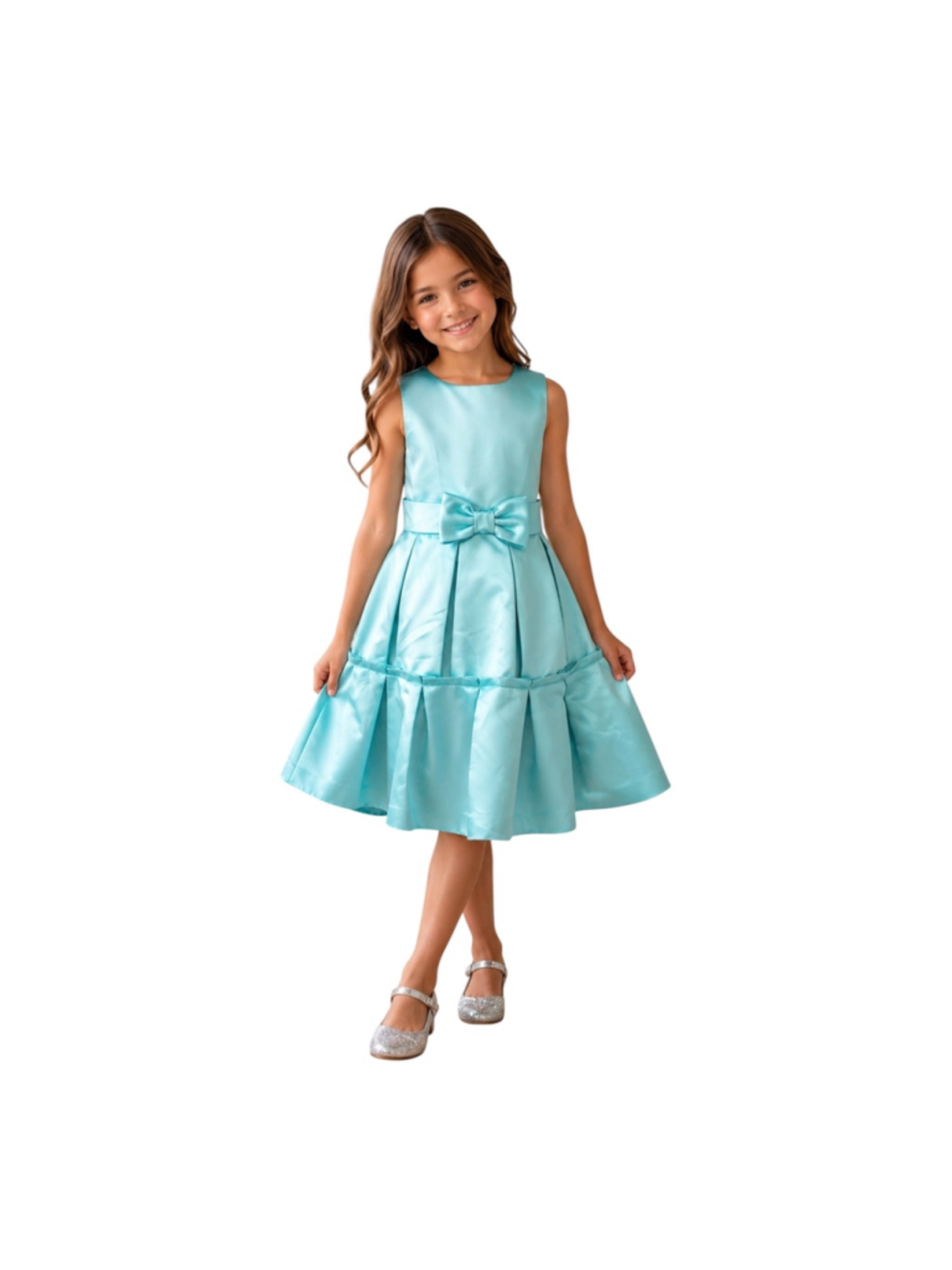Janie and Jack Girls Aqua Satin Bow Party Dress Sleeveless Fit & Flare Size 8